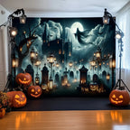 A 2D flat ghost Gothic-style Halloween polyester background banner with a cemetery and ghosts, suitable for party decoration