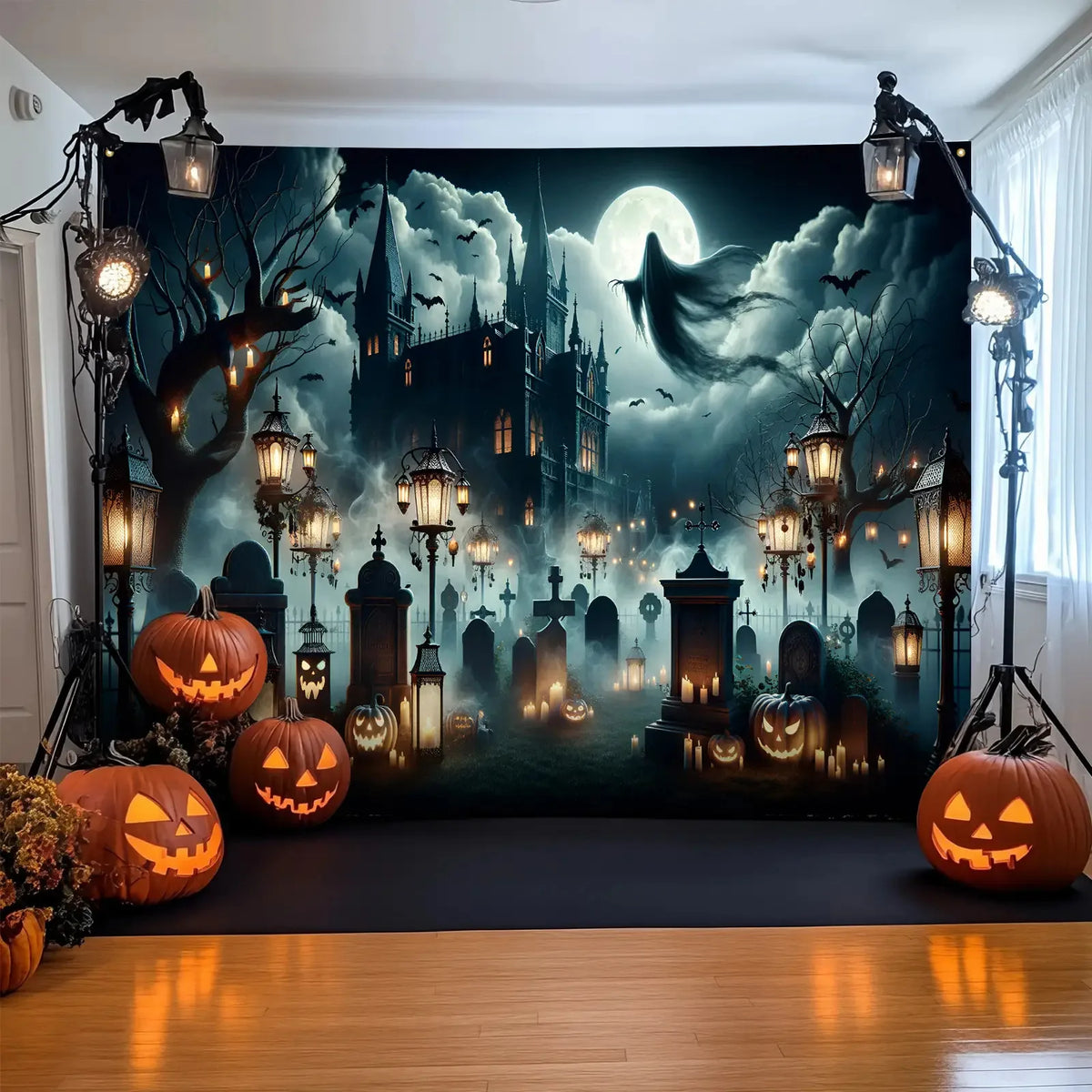A 2D flat ghost Gothic-style Halloween polyester background banner with a cemetery and ghosts, suitable for party decoration
