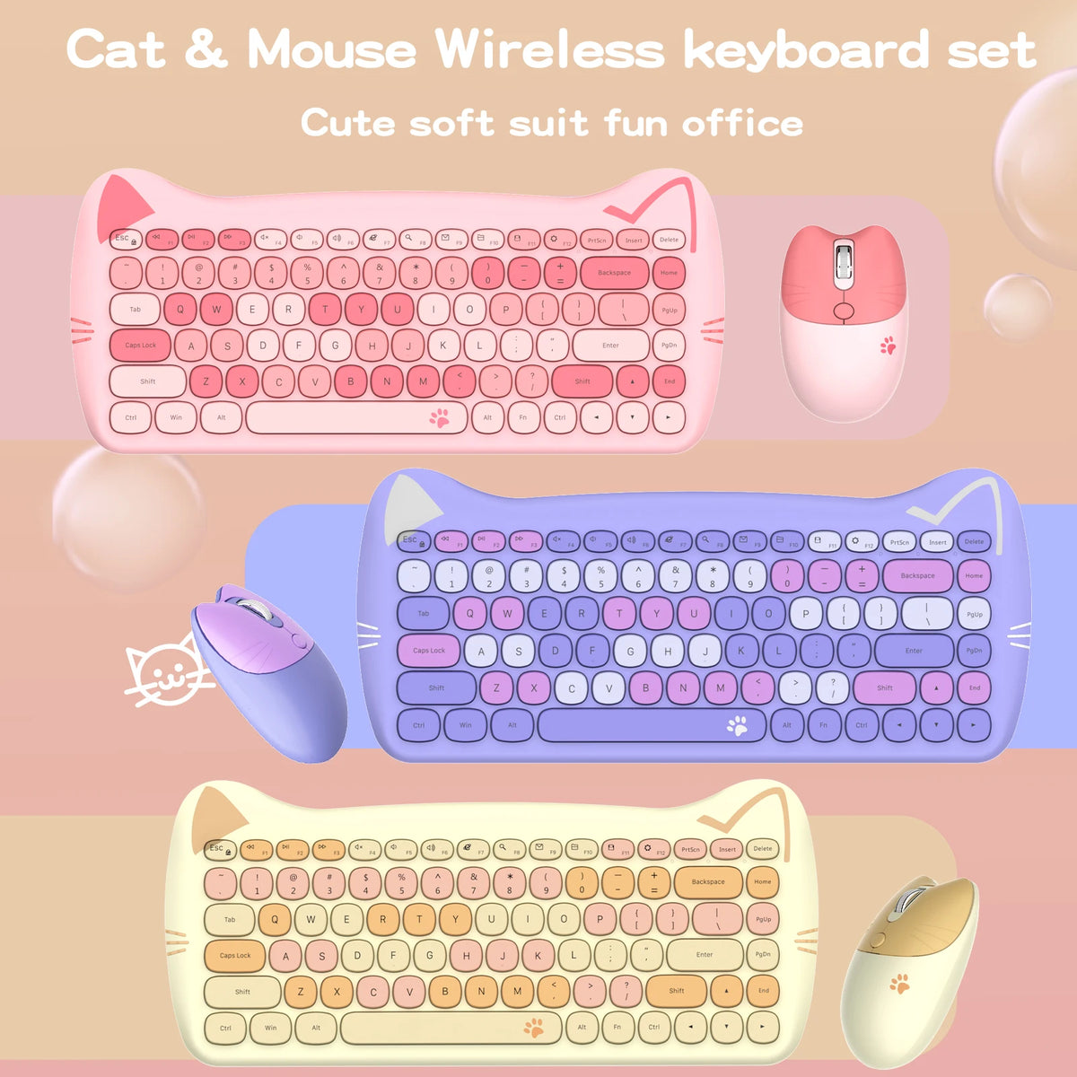 GEEZER Wireless Silent Keyboard Mouse Combo, Pink-Black Cat Ear Retro Round Keycaps US QWERTY Layout