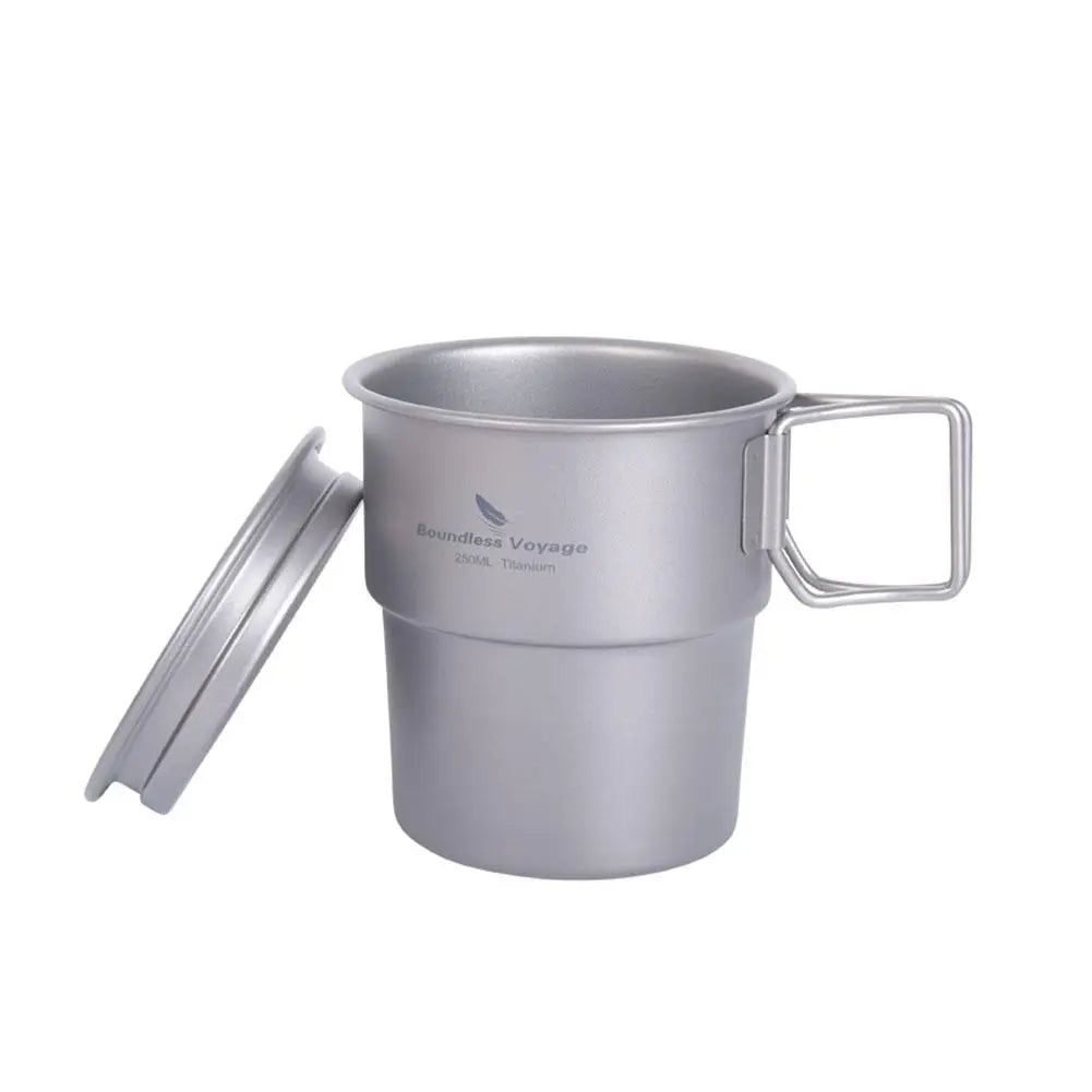 Pure Titanium Camping Cup with Lid Foldable Handle Lightweight Single Wall Mug Open Fire Coffee Tea Cup for Hiking Backpacking
