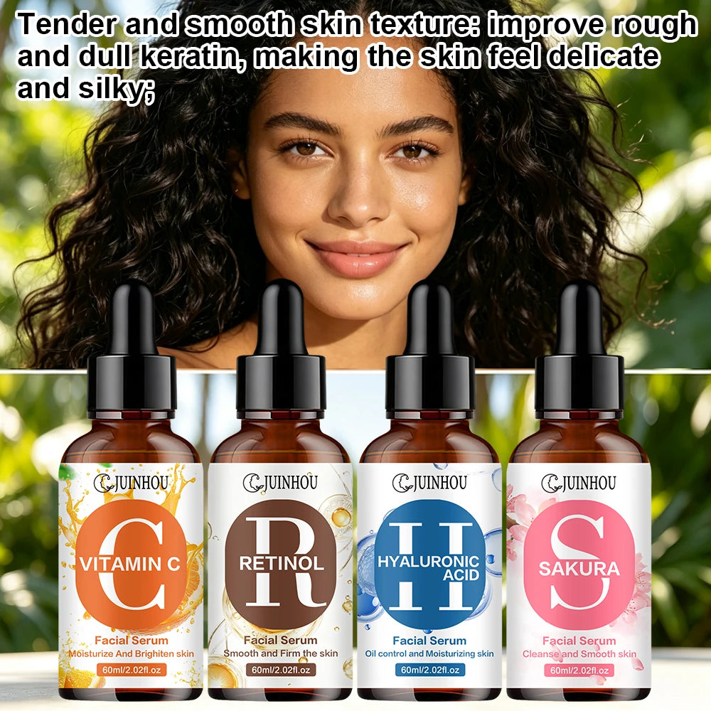 JUINHOU 4pcs Vitamin C + Retinol +Sakura + Hyaluronic Acid Serum Brightening & Hydration Combo Supple Skin For All Skin Type