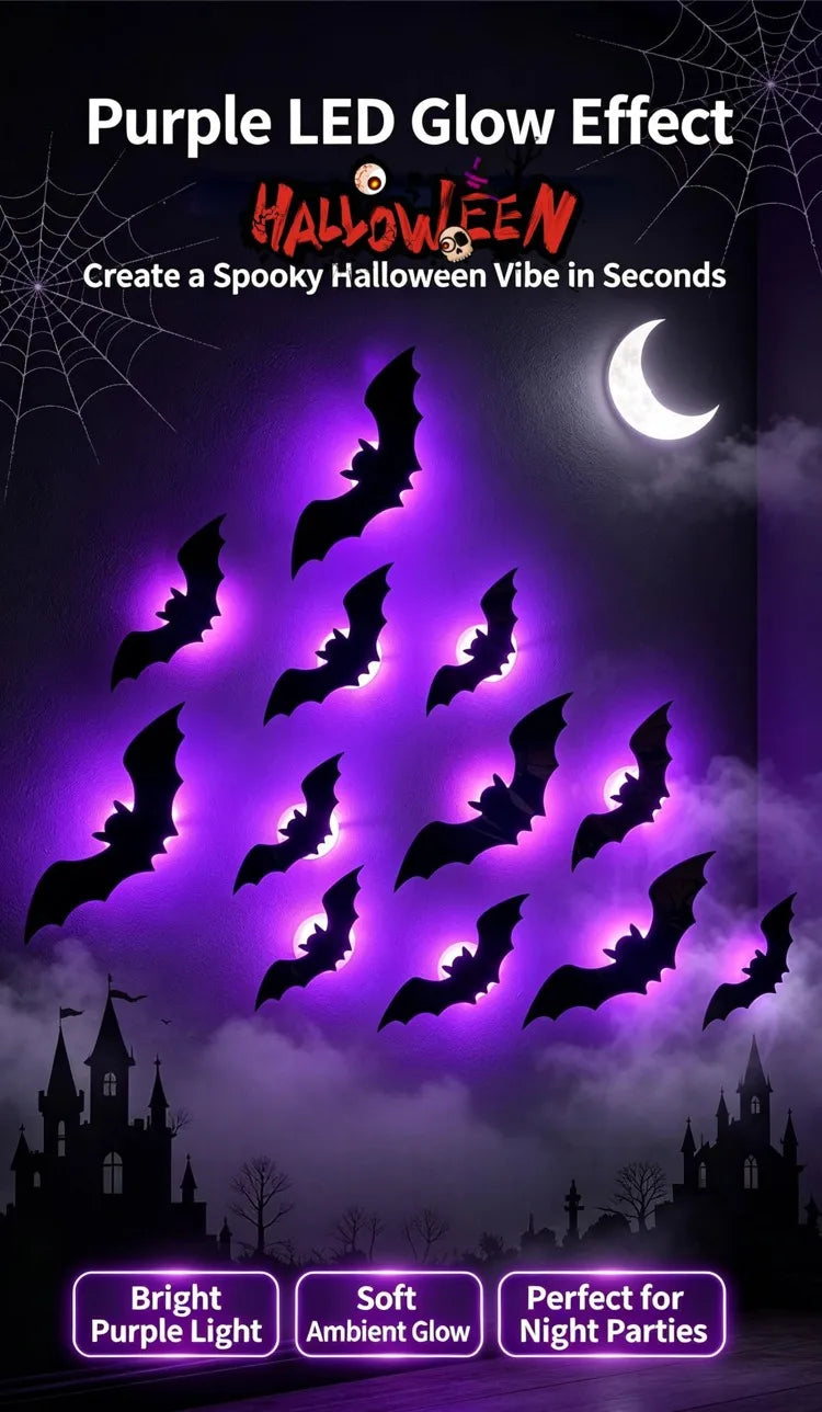 Halloween LED Night Light Self-adhesive 3D Stereoscopic Bat Wall Decal Indoor Bats Decor Lamp Flashing Wall Light Party Supplies