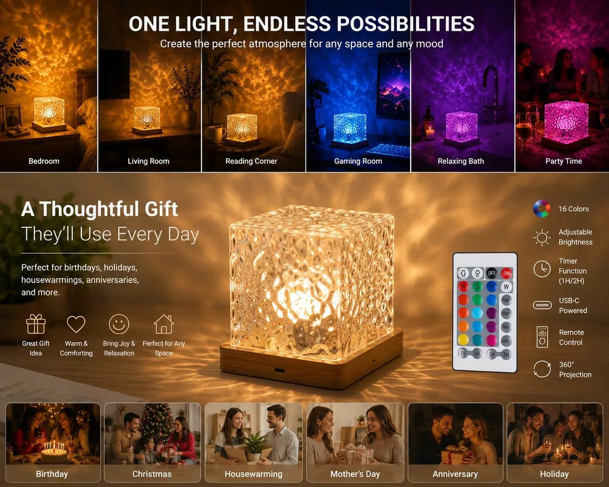 Rotating Water Ripple Night Light Projector Portable Aurora Galaxy Lamp for Bedroom, Apartment Dorm Room Ambiance, Romantic Gift