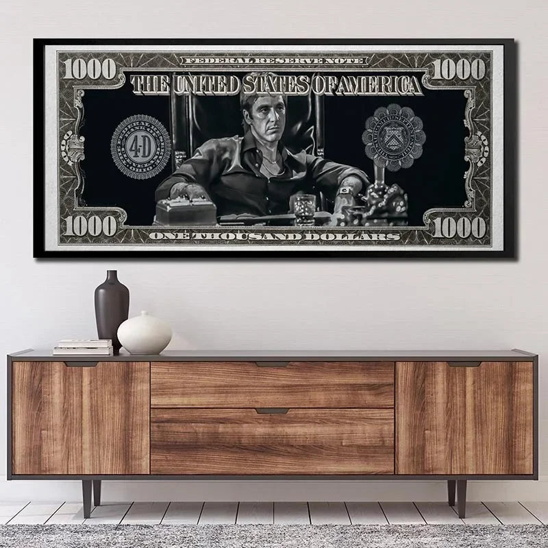 1PC frameless Classic Movie, Scarface Tony Montana Dollar Wall Art, HD Canvas Print Poster, Home, Living Room, Room Decor Painti