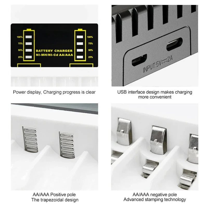 Battery Charger 4 Slot Intelligent Fast Charge With Indicator For 1.2V NiMH NiCd AAA/AA Rechargeable Battery USB C Micro Charger
