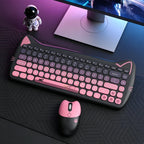 GEEZER Wireless Silent Keyboard Mouse Combo, Pink-Black Cat Ear Retro Round Keycaps US QWERTY Layout