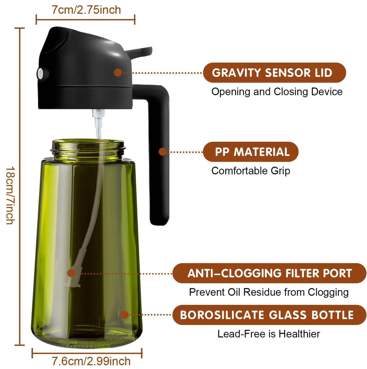 470ML/16oz Light-Blocking Dark Oil Sprayer for Cooking 2 in 1 Olive Oil Dispenser Bottle for Kitchen Dark Green Glass Oil Bottle