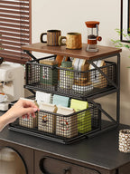 Kitchen Counter Shelf Organizer Ironwood Drawer Storage Rack Coffee Accessories Station for Room and Pantry Home Storage