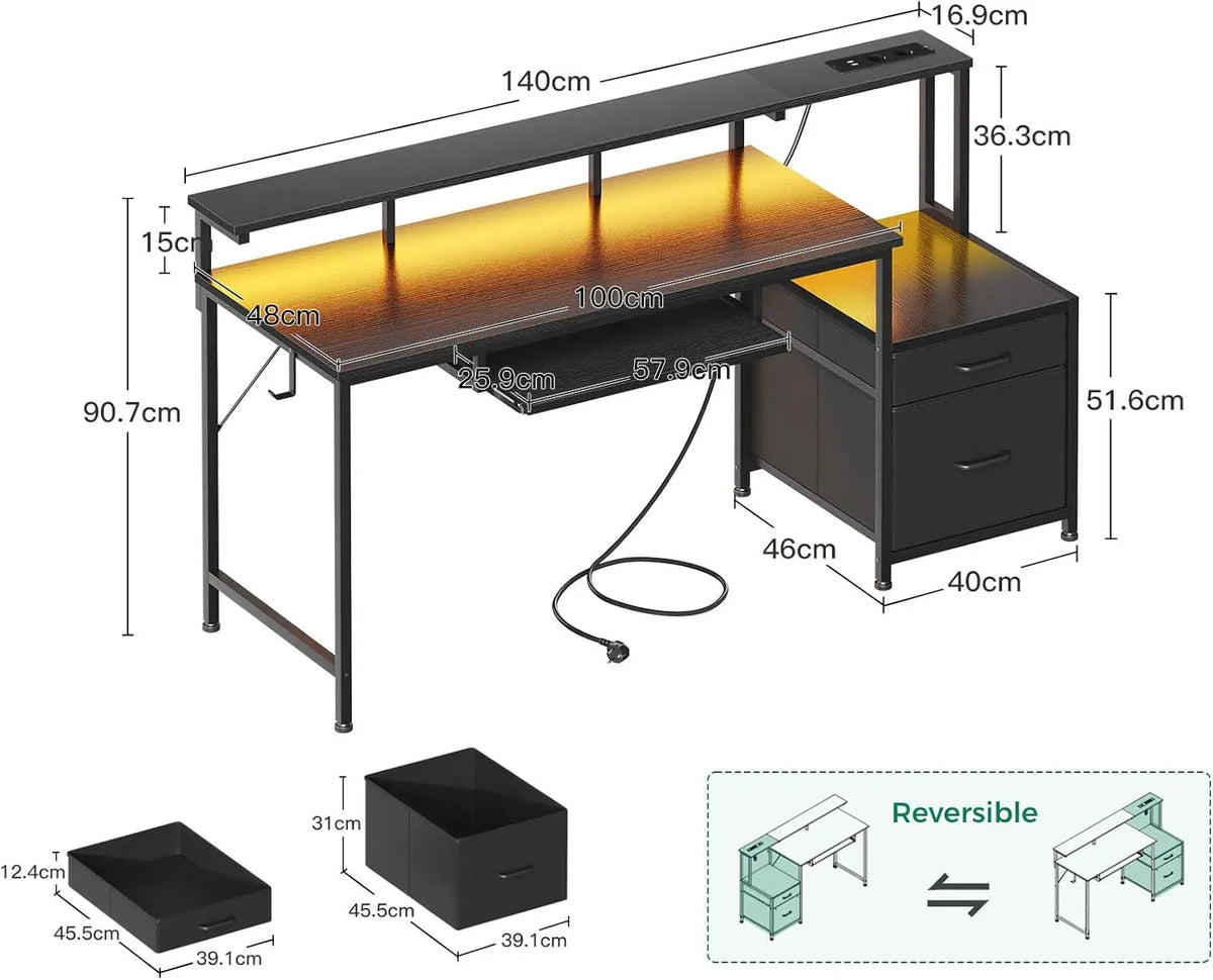Coleshome gaming desk with LED, 140x48 cm, black, cloth drawers, 2 sockets and 2 USB ports, Home Office monitor stand