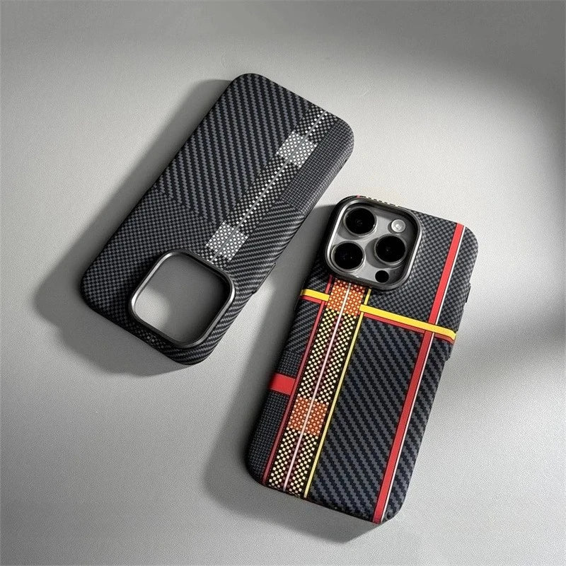 Relief Carbon Fiber Magnetic Case for iPhone 15 Pro Max 16 17 Pro Phone Cover Camera Metal Lens Protective Shell Hard PC Fundas