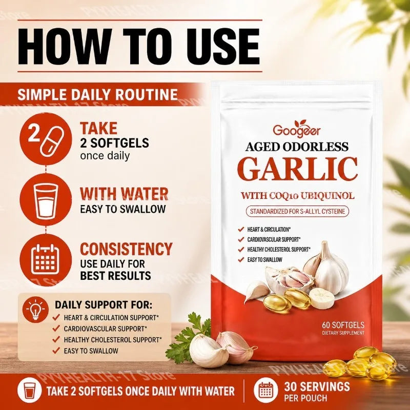 Googeer Aged Odorless Garlic Softgels with CoQ10 Ubiquinol Vitamin K2 (MK-7) for Circulation & Cholesterol Support 60 Softgels