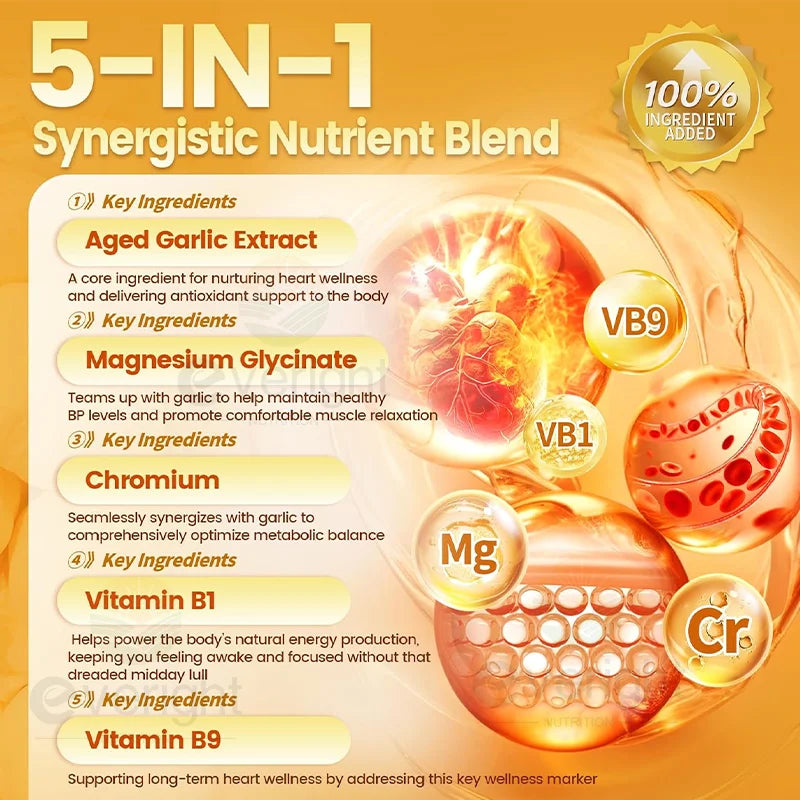 Aged Garlic Extract Capsules Odorless with Magnesium, Chromium, B1 & B9, Support Immune, Heart, Cardiovascular Health Supplement