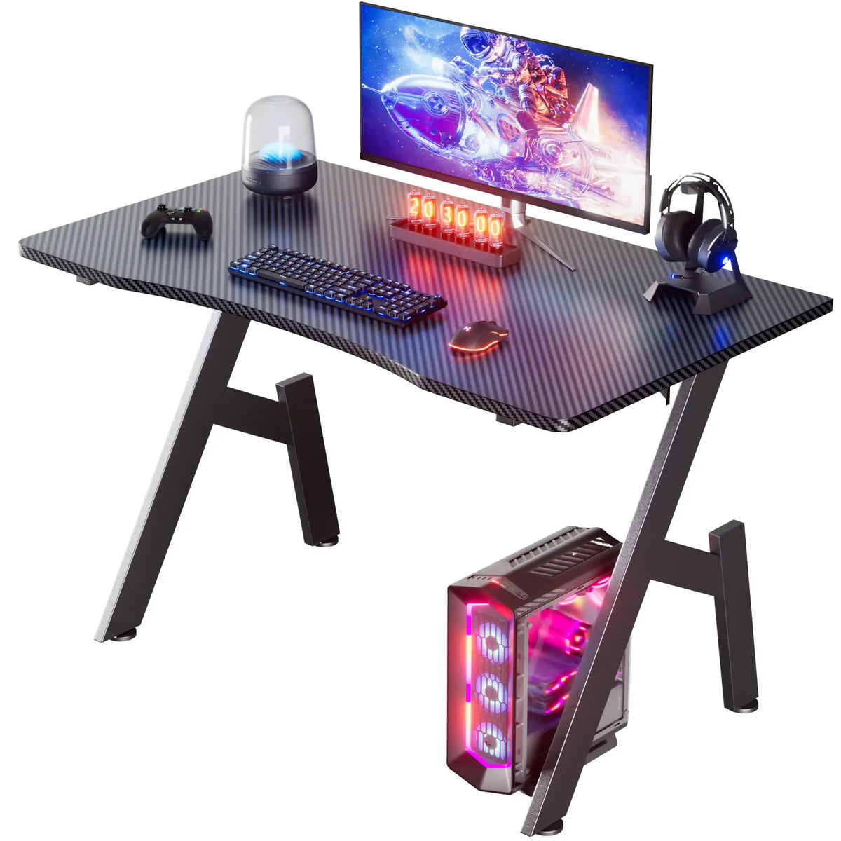 80/100/120/140cm Gaming Desk, A-Shaped Office Desk with Cup Holder Headphone, Modern Carbon Fiber Mesa Gamer for Home Office