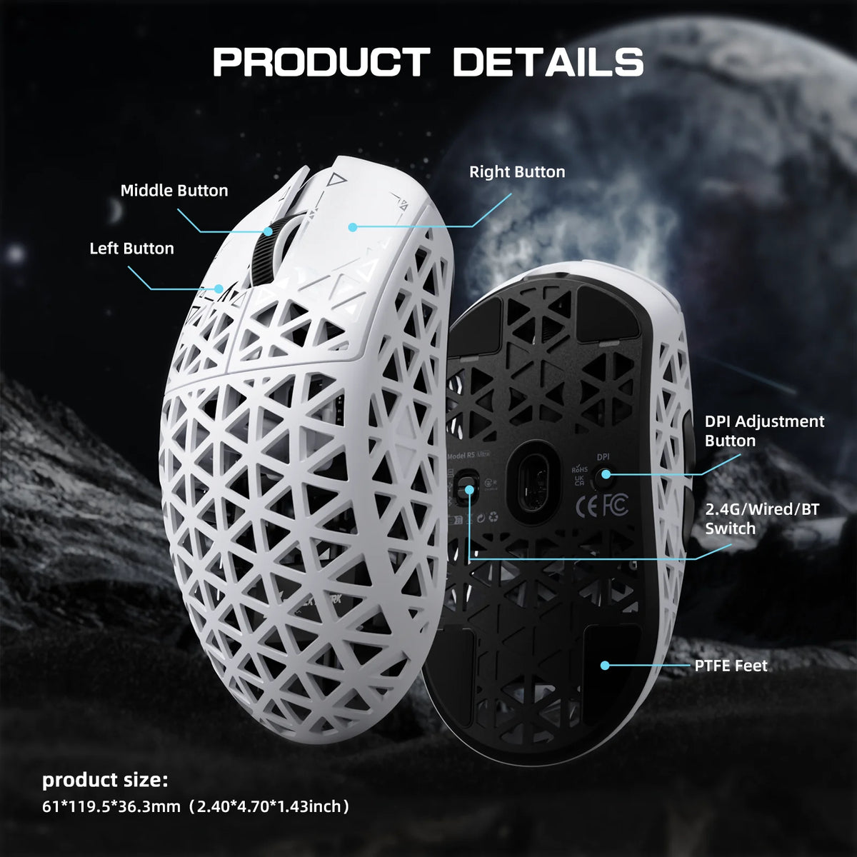ATTACK SHARK R5 Ultra Carbon Fiber Wireless Gaming Mouse ,39g SUPERLIGHT , 8K Polling Rate, PAW3950MAX Sensor (42000 DPI),