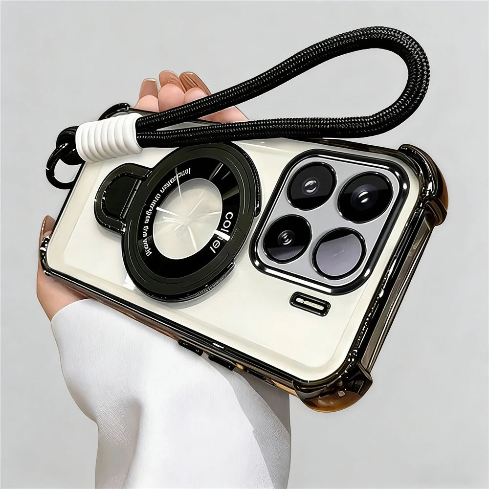 Rope Lanyard Strap Stand Phone Case For Xiaomi Redmi Note 14 Pro Plus 14S Note 15 Pro 4G 5G Transparent Shockproof Soft Cover