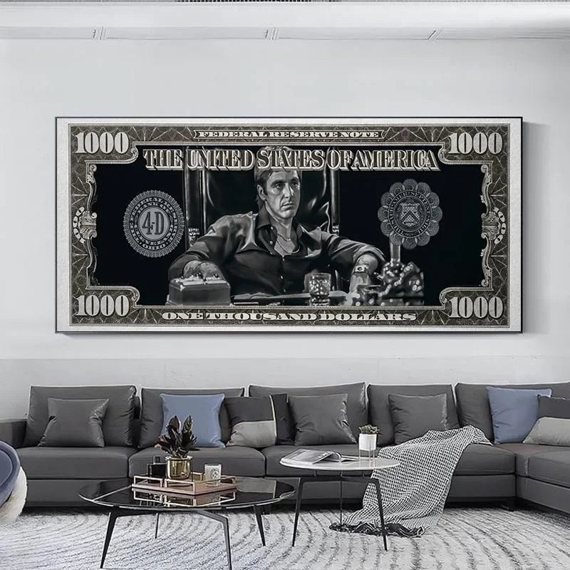 1PC frameless Classic Movie, Scarface Tony Montana Dollar Wall Art, HD Canvas Print Poster, Home, Living Room, Room Decor Painti