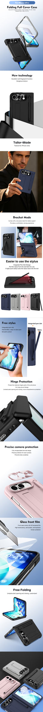 Pen Slot with Stylus Phone Case with Front Screen Protection For Apple iPhone Duo Folding Kickstand Shockproof Hinge Full Cover