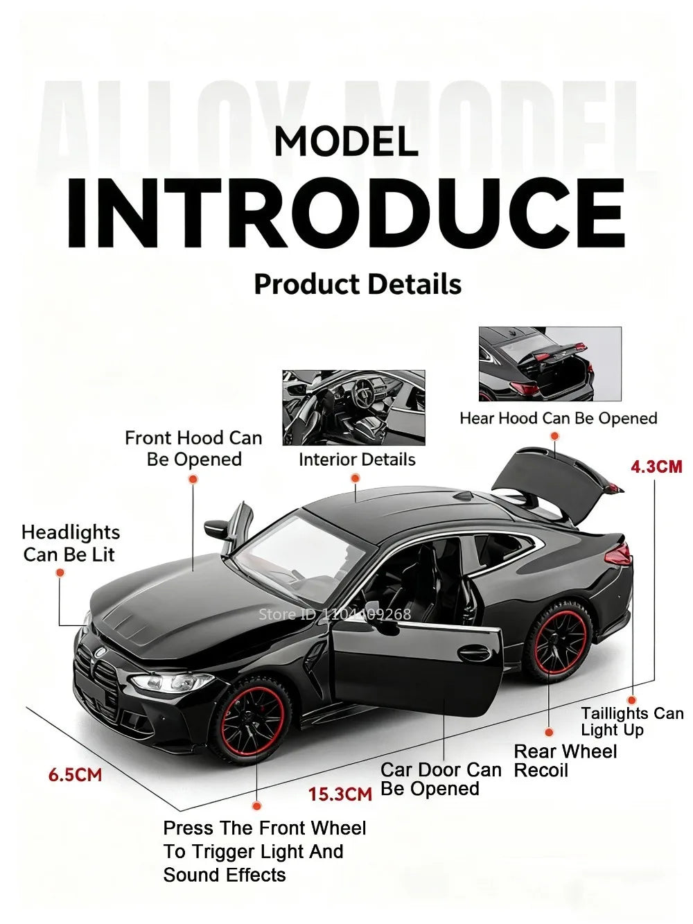 Scale 1:32 M4 X3M Toy Car Model Pull Back Music Light Doors Opened Miniature Vehicle Metal Diecast Models Kids Educational Gifts
