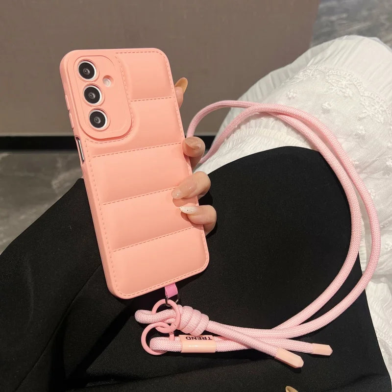 Fashion Down Jacket Lanyard Crossbody Case For Samsung Galaxy A56 A36 A26 A16 A55 A35 A54 A53 A52 A34 A33 Long Strap Soft Cover