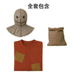 Halloween Scarecrow Sam Cosplay Costume 3‑Pcs Jumpsuit Mask Sack Trick or Treat Horror Role‑Play Outfit for Party Sam in Stock