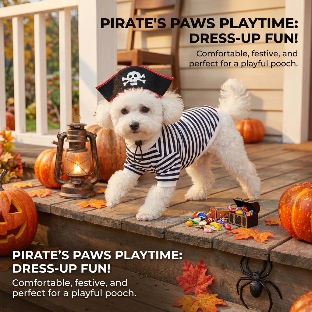 Halloween Pirate Pet Costume Set with Skull Hat Black White Striped Dog Cat Shirt Sweatshirt Spooky Cosplay Party Apparel Outfit