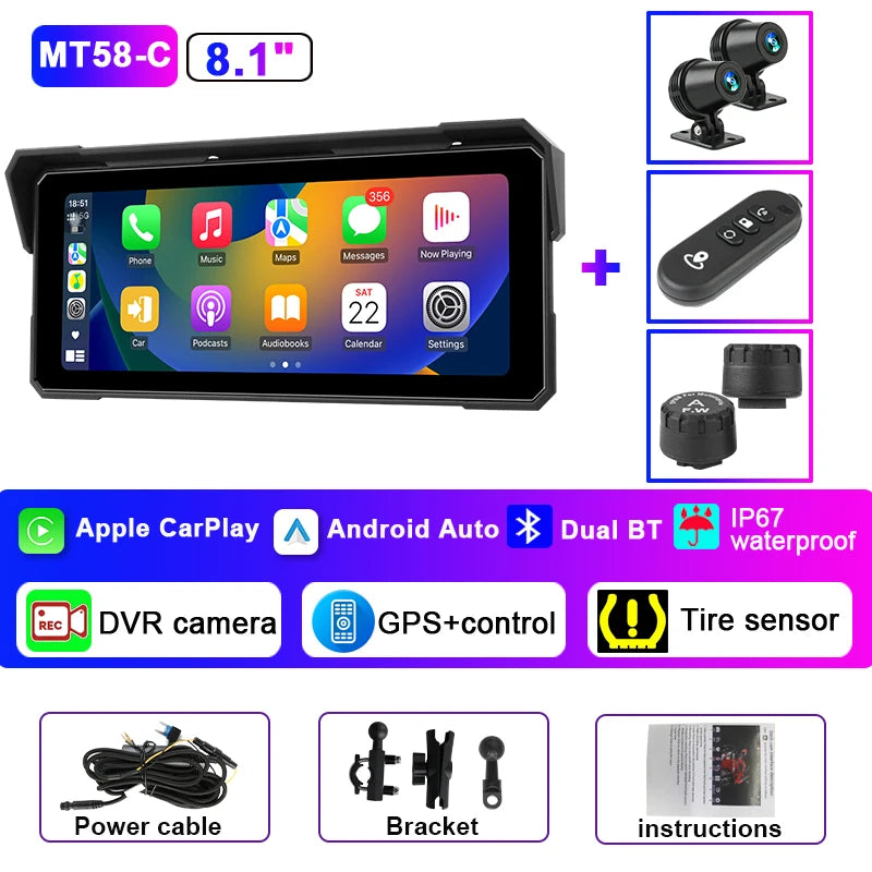 Jansite Portable 8.1 inch IP67 Waterproof Motorcycle 4K DVR GPS Navigation Wireless Carplay Android Auto Moto Recorder Monitor
