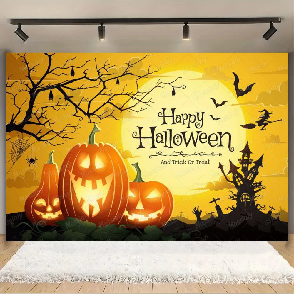 Horror Halloween Photography Background Moon Night Castle Forest Pumpkin Lantern Skeleton Family Party Photo Backdrop Decoration