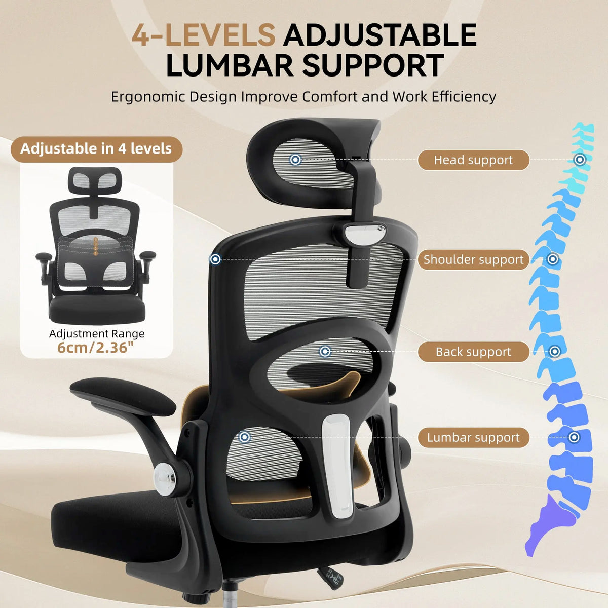 Ergonomic High-Back Mesh Chair Adjustable Headrest Lumbar Support 360° Swivel Rolling Computer Gaming Chairs for Home Office