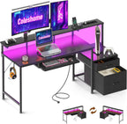 Coleshome gaming desk with LED, 140x48 cm, black, cloth drawers, 2 sockets and 2 USB ports, Home Office monitor stand