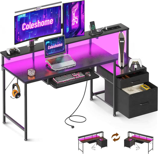 Coleshome gaming desk with LED, 140x48 cm, black, cloth drawers, 2 sockets and 2 USB ports, Home Office monitor stand