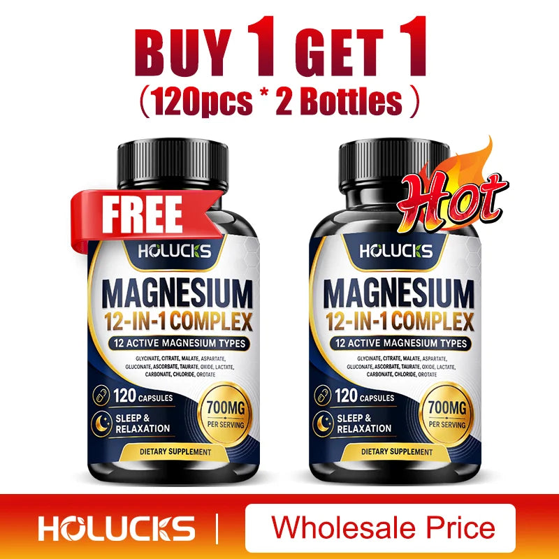 Magnesium 12-IN-1 Complex Capsules - Bone & Heart Health Supplement, Sleep Support,Muscle Relaxation,Stress & Anxiety Relief