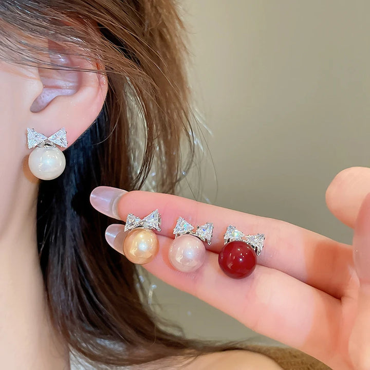 Sweet Shiny Bow Stud Earrings Women Zircon Pearl Small Earrings Elegant Delicate Versatile Christmas Party Jewelry Accessories