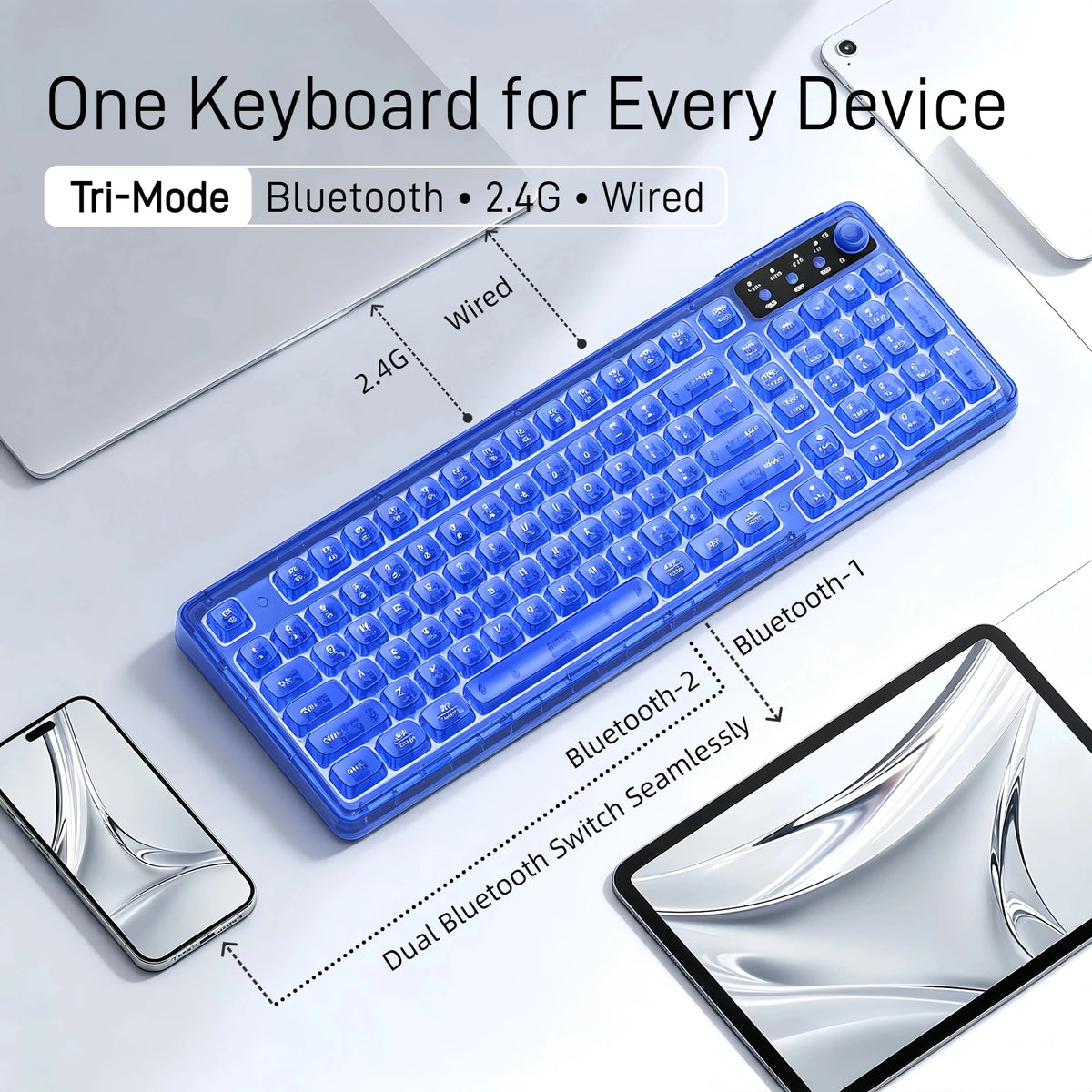 Transparent Wireless Gaming Keyboard, Tri‑Mode 2.4G/BT/USB‑C, 99‑Key 1800 Compact Layout, RGB Clear PC Keycaps, Mechanical‑Like Typing Feel for Office & Desk Setup