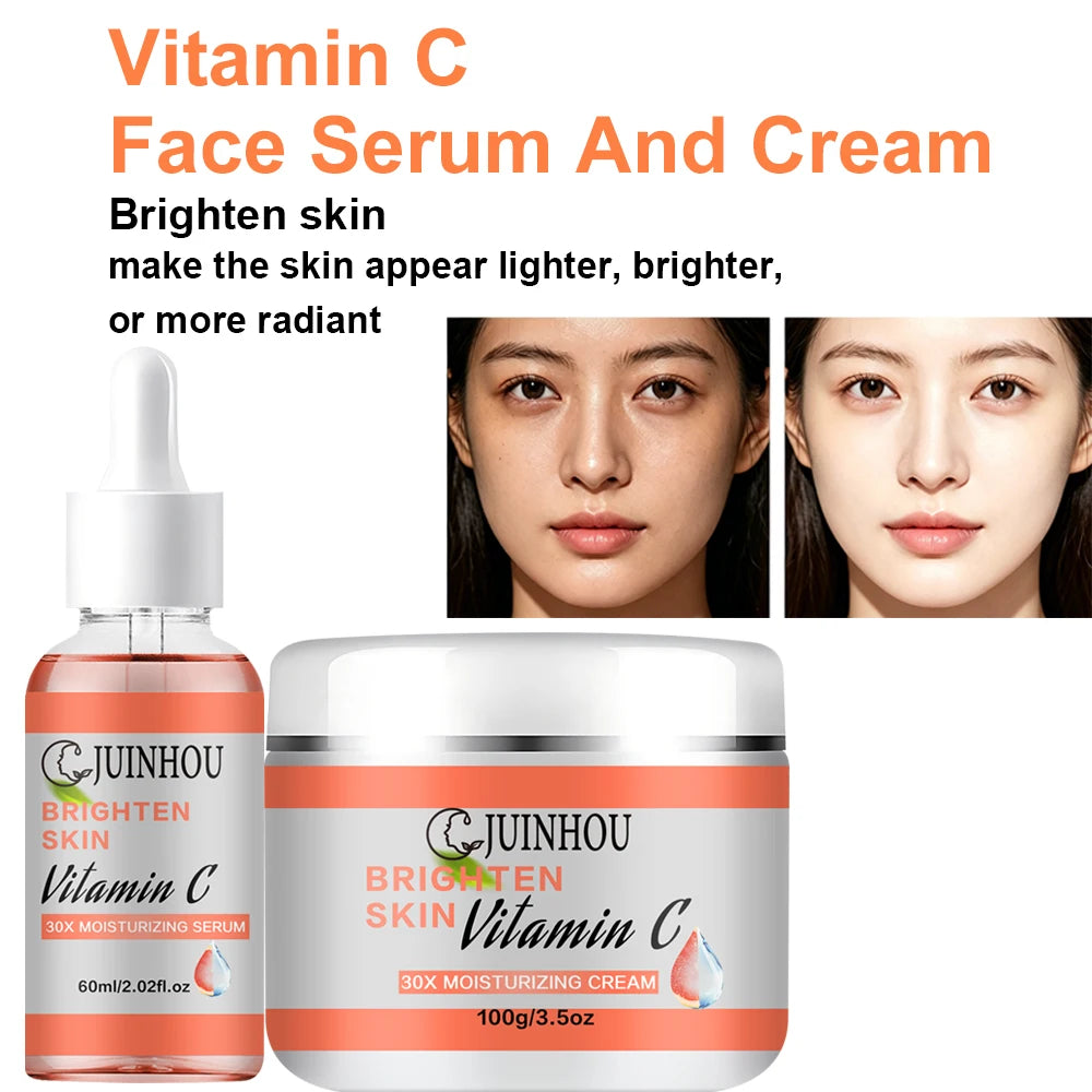 JUINHOU Vitamin C Skin Care Serum Cream Set Brighten Moisturizing Oil-Control Improve Uneven Skin Tone For Dull Skin Daily Care