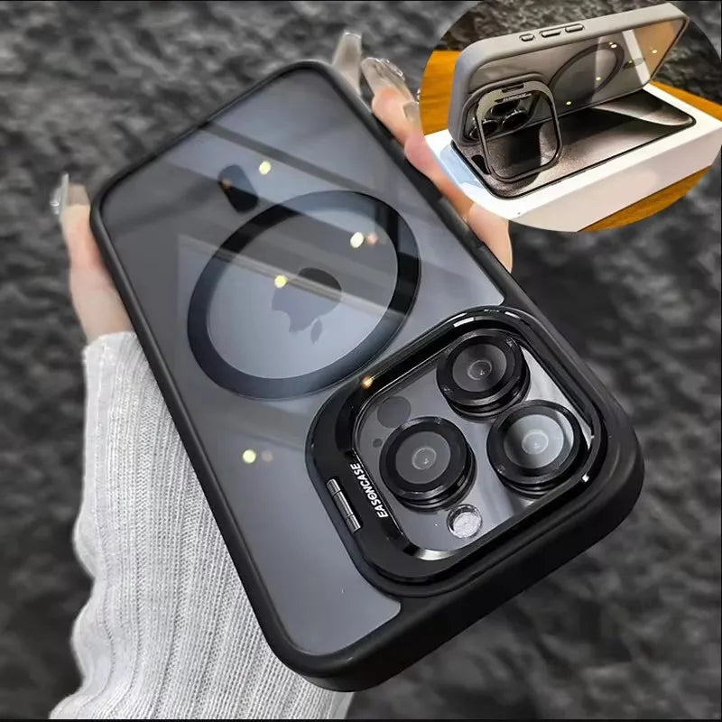 Luxury Magnetic Shockproof Phone Case For iPhone 16 15 14 13 12 17 18 Pro Max For Magsafe Funda Stand Glass Lens Protector Cover