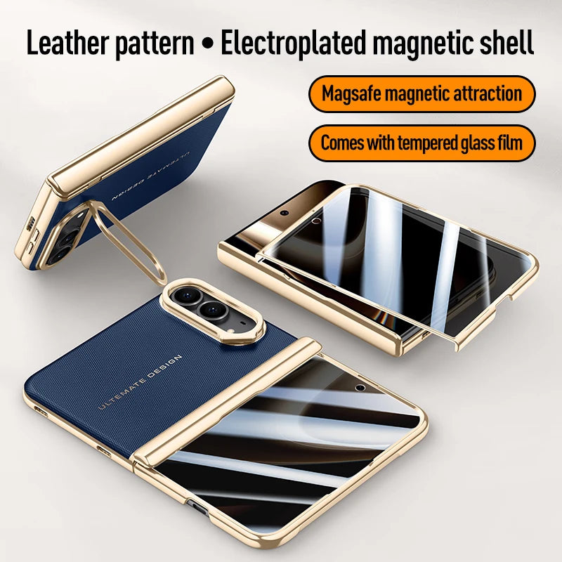 For iPhone Duo Case Electroplated Matte Leather Folding Hinge With Tempered Film Lens Bracket Shockproof Back Cover Accessories