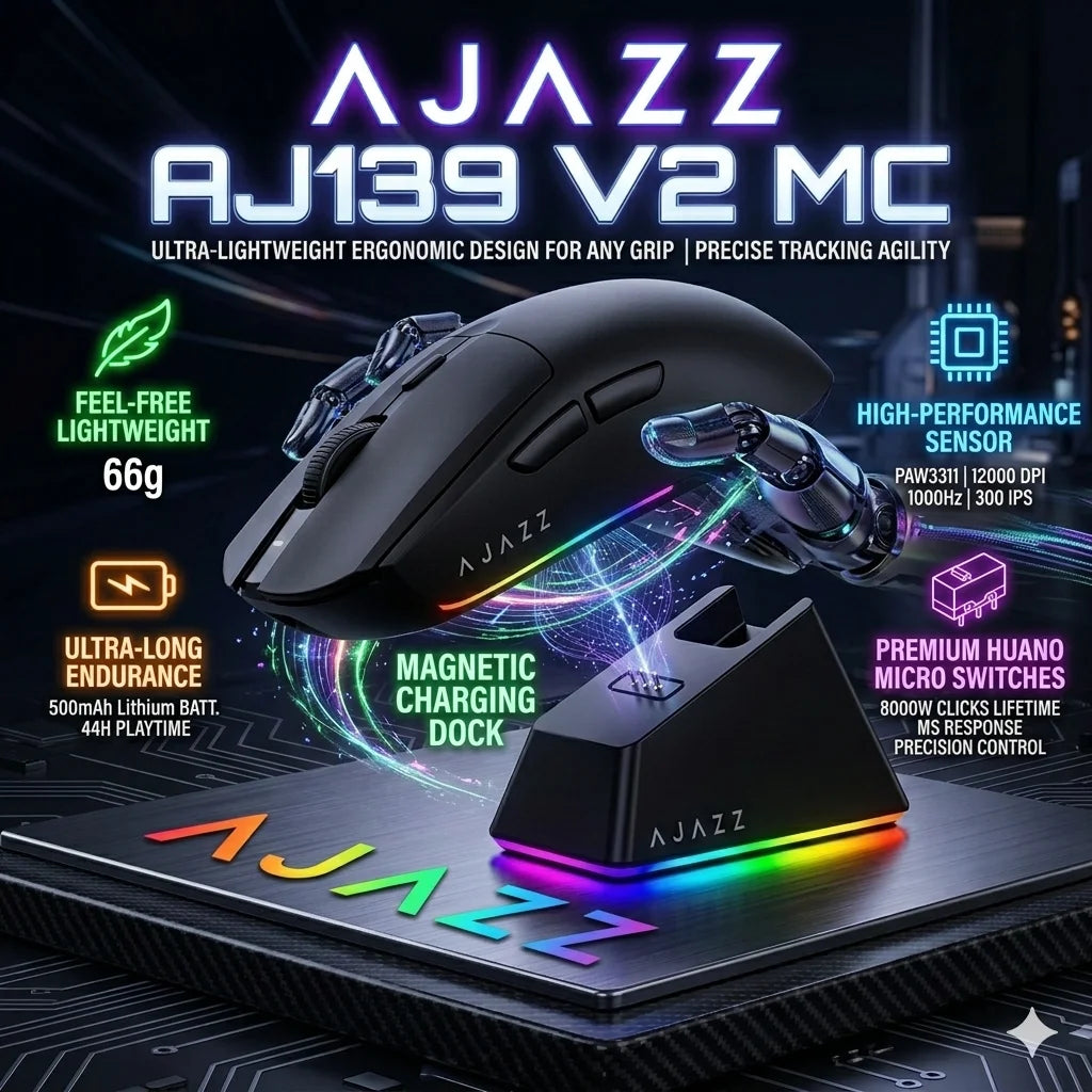 Ajazz AJ139 V2 MC Wireless Gaming Mouse Magnetic Charging Base with Anti Slip Adhesive PAW3311 Sensor Tir Mode Office Mouse