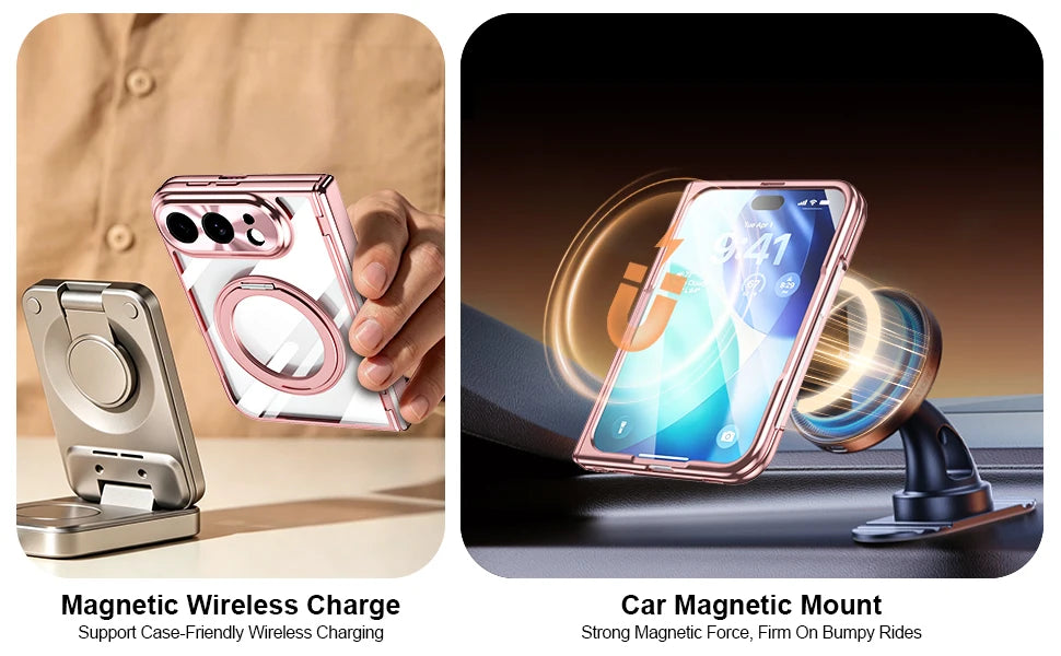 For iPhone Duo Transparent Magnetic Case For MagSafe 360° Rotating Bracket Hinge Protection Cover With Tempered Glass Film