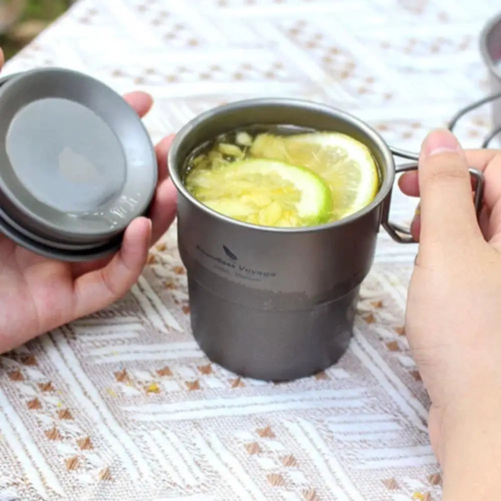 Pure Titanium Camping Cup with Lid Foldable Handle Lightweight Single Wall Mug Open Fire Coffee Tea Cup for Hiking Backpacking