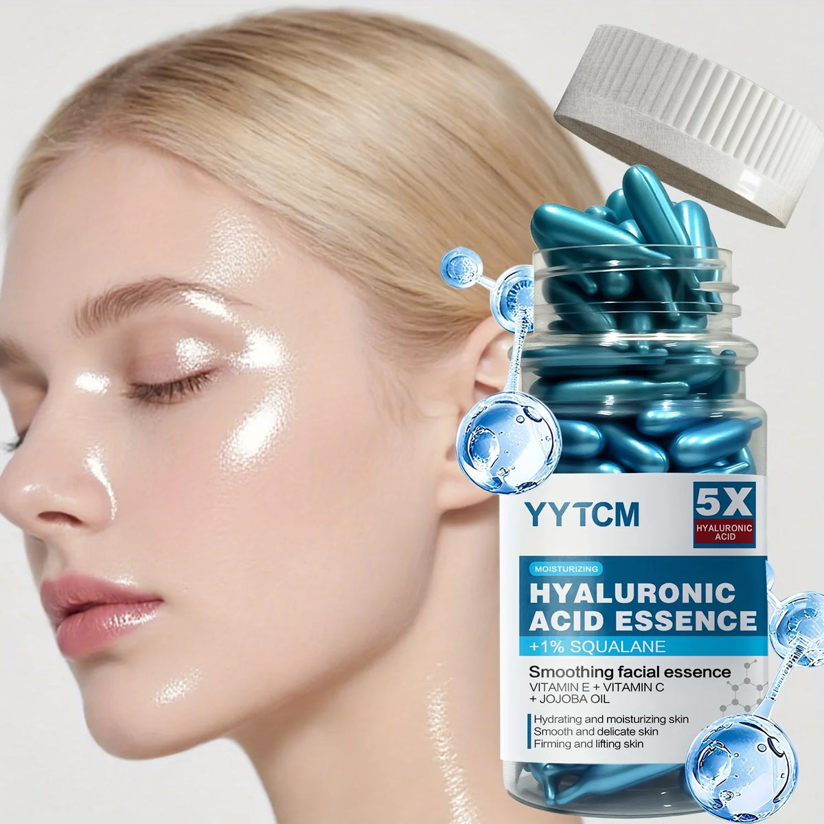 Hyaluronic Acid Deep Moisturizing Capsule Essence, Hydrates and Smoothes the Skin, Contains Plant-Derived Squalane, Vitamin E, Vi