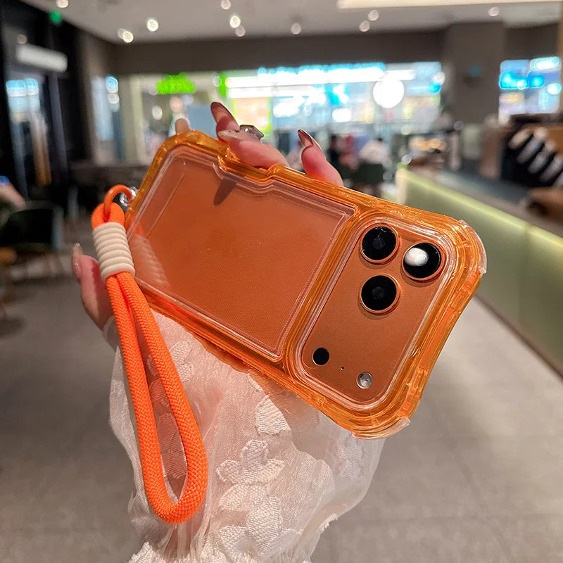 Luxury 3in1 Clear Anti-Drop Phone Case for iPhone 18 17 16 15 14 Plus 13 Pro Max Candy Colour Frame Wrist Strap Protection Cover