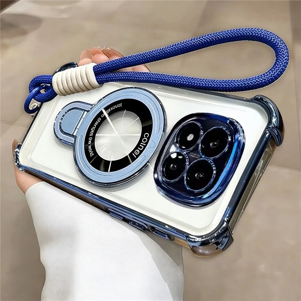 Rope Lanyard Strap Stand Phone Case For Xiaomi Redmi Note 14 Pro Plus 14S Note 15 Pro 4G 5G Transparent Shockproof Soft Cover