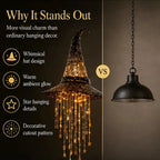 Lighted Witch Hat Hanging Chime, Halloween Outdoor Ornament, Glowing Mesh Cascading Stars, Black Frame Decoration, Party Decor