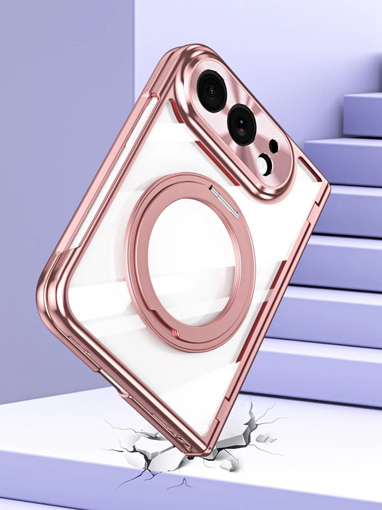 For iPhone Duo Transparent Magnetic Case For MagSafe 360° Rotating Bracket Hinge Protection Cover With Tempered Glass Film