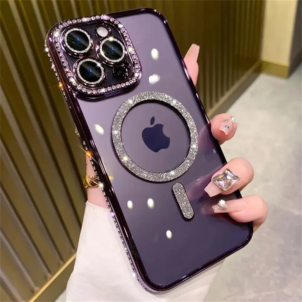 New Fashion Glitter Diamond Transparent Case For iPhone 16 15 14 13 17 12 18 Pro Max Plus Magnetic Wireless Charge Bumper Cover