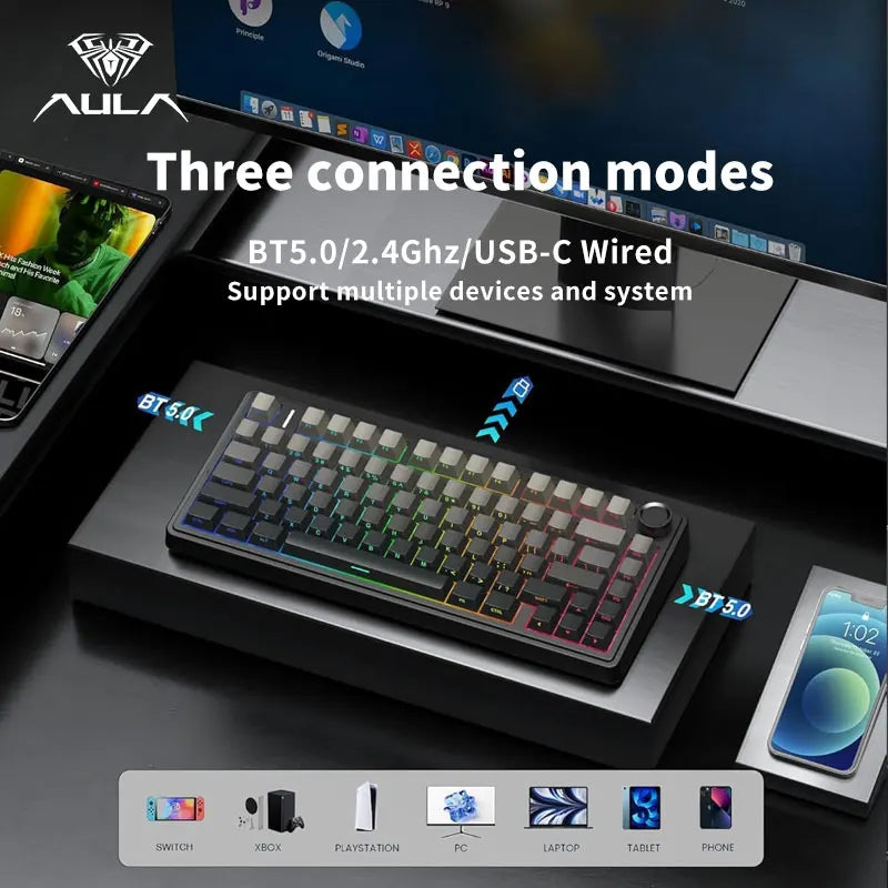 AULA F75 Gaming Mechanical Keyboard RGB Customized 75% Layout Side-engraving Gasket Mounted 80keys PBT Gradient Keycaps Keyboard