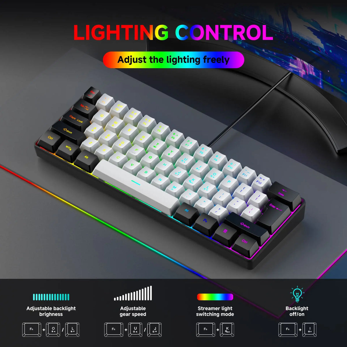 USB Wired RGB Gaming Keyboard 61 Keys White Black Compact Mini Office Keyboard and Mouse for PC Desktop Computer Gamer Keypad