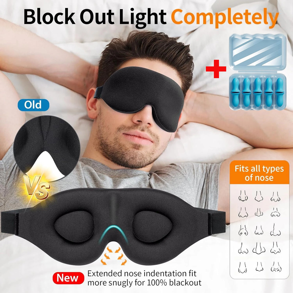 Sleep Mask for Back and Side Sleeper, Block Out Light, Zero Pressure Breathable Travel Eye Cover Black With Sleep Ear Plug