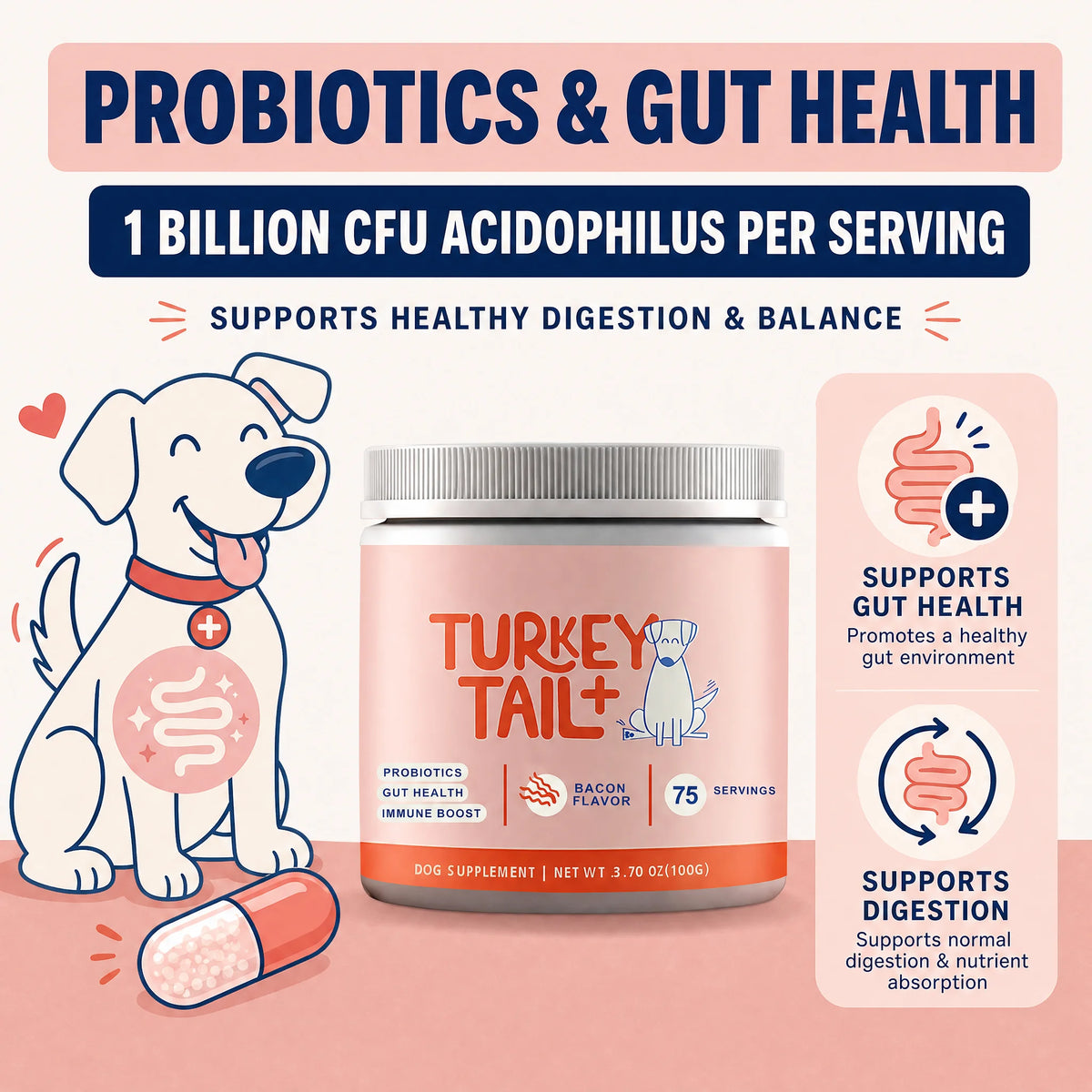 Dog Probiotic Soft Granules with Turkey Tail Mushroom&Vitamin Bacon Flavor Digestive Supplement Gut Health Daily Pet Nutrition