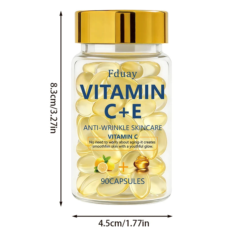 90pcs Vitamin C+E Skincare Essence Capsules with Vitamin C, Vitamin E, Collagen Moisturizer, Lifts Facial Drops, Nutrient Boost